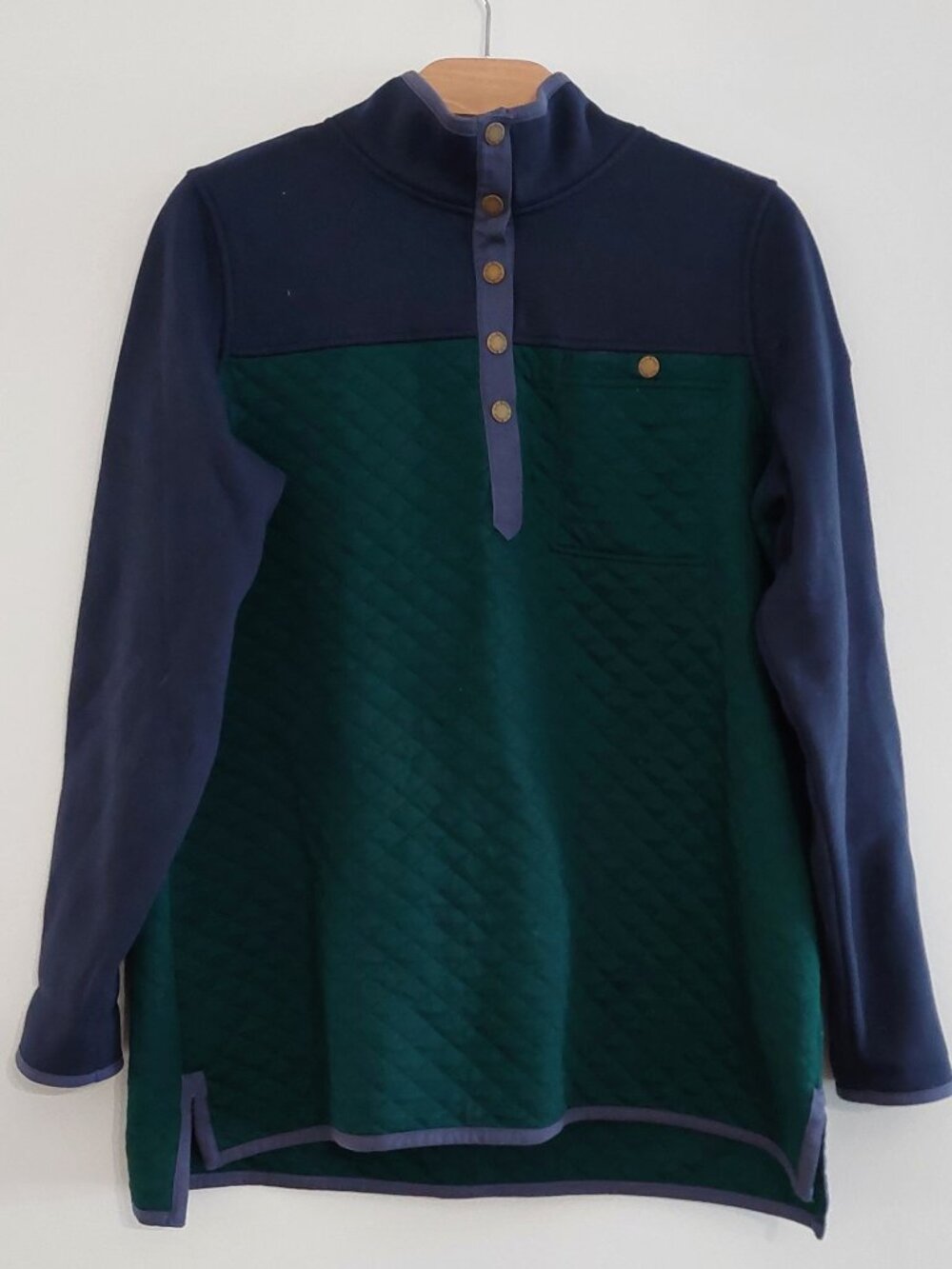 L.L. Bean Womens XL Snap Neck Quilted Color Block Pullover Sweatshirt Green Navy